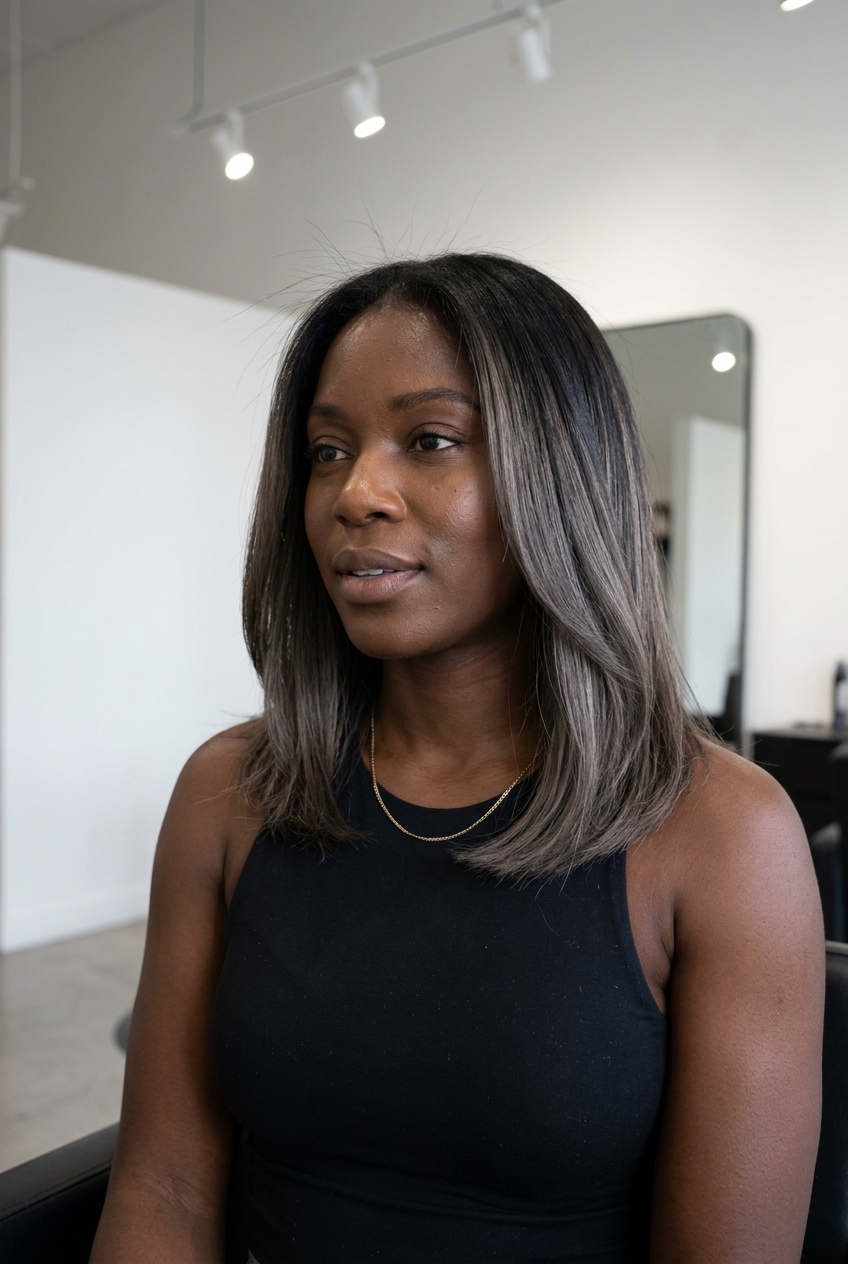 long layered haircut with moonlight ash reverse balayage midnight brunette, smoky blend, wavy texture — edgy