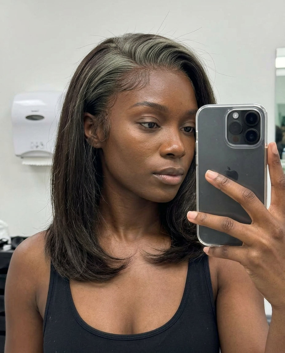 long moonlight ash roots with charcoal brown, root smudge, no fringe — edgy summer sophisticated