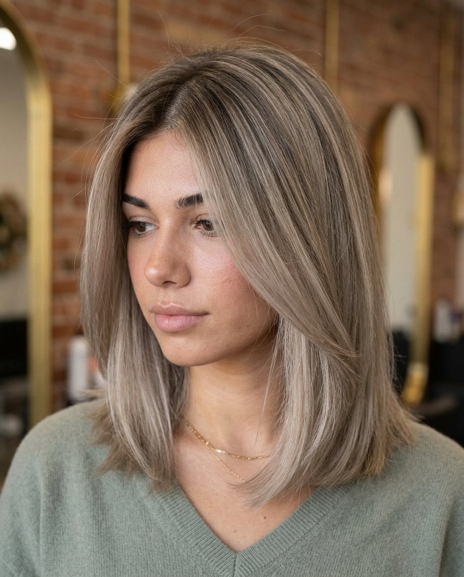 Mushroom Ash Blonde with Shadow Root 2026 long textured layers Mushroom Ash Blonde with shadow root, soft color melt — soft & chic
