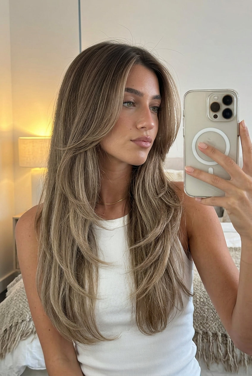 long dimensional summer ombre hair color 2026 with mushroom blonde, diffused highlights, V-cut layers — soft & chic