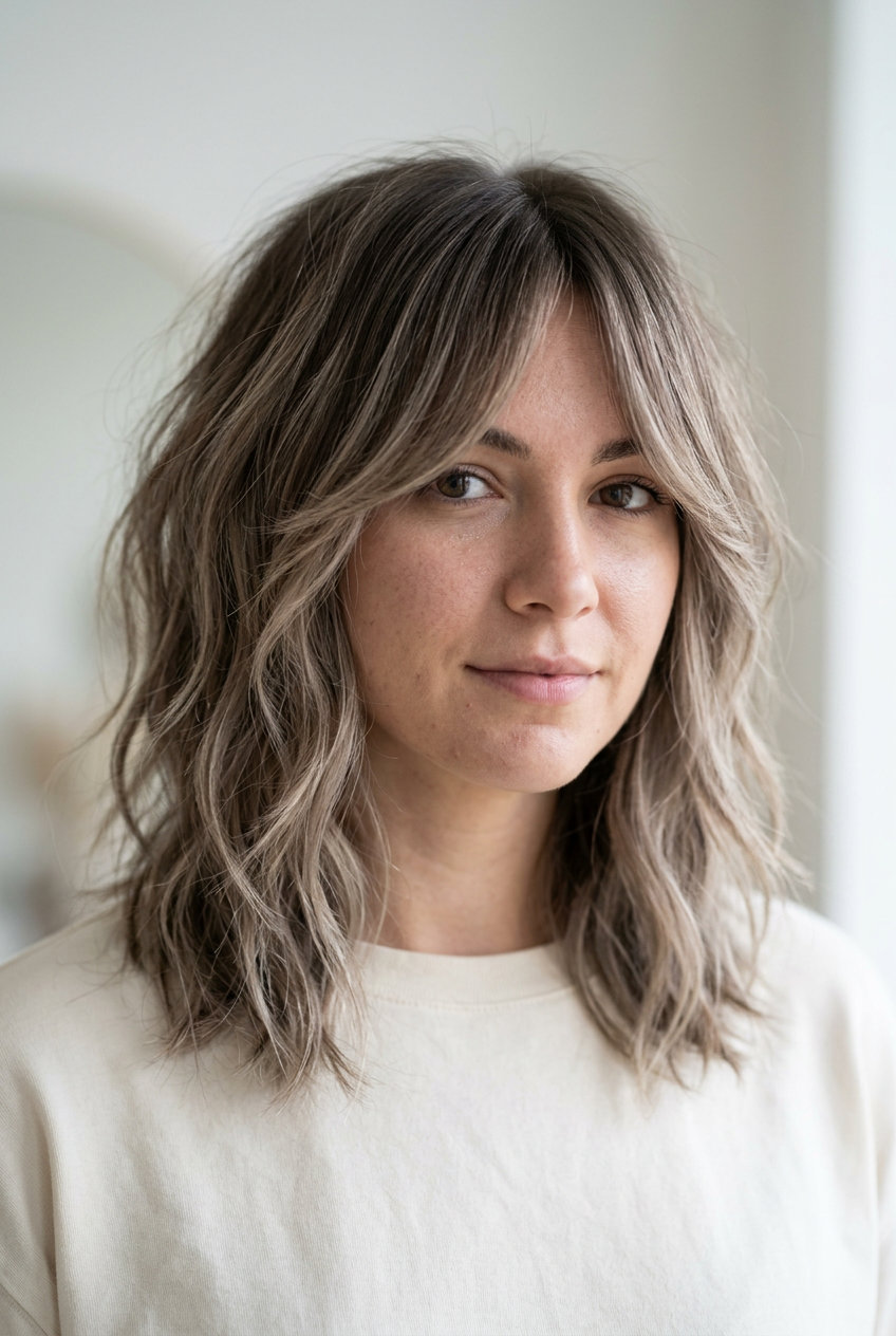 medium-length layered shag in mushroom blonde with ash brown roots, diffused layers for effortless cool