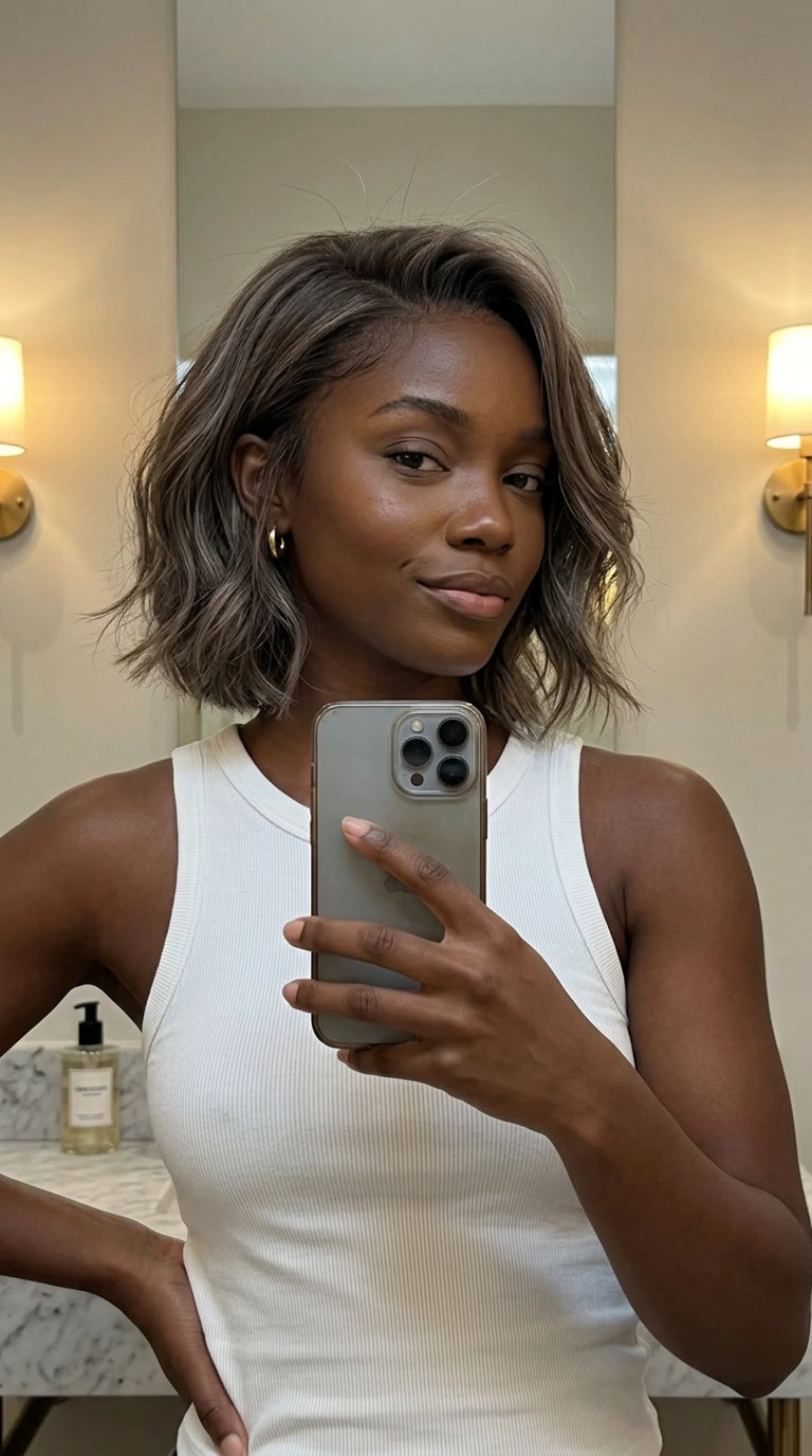 short refined bixie haircut with smoky ash brown beige taupe babylights, shadow root — minimalist chic