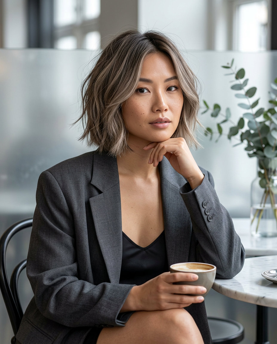 chin-length layered bob in mushroom bronde with ashy lowlights and beige highlights, choppy interior layers