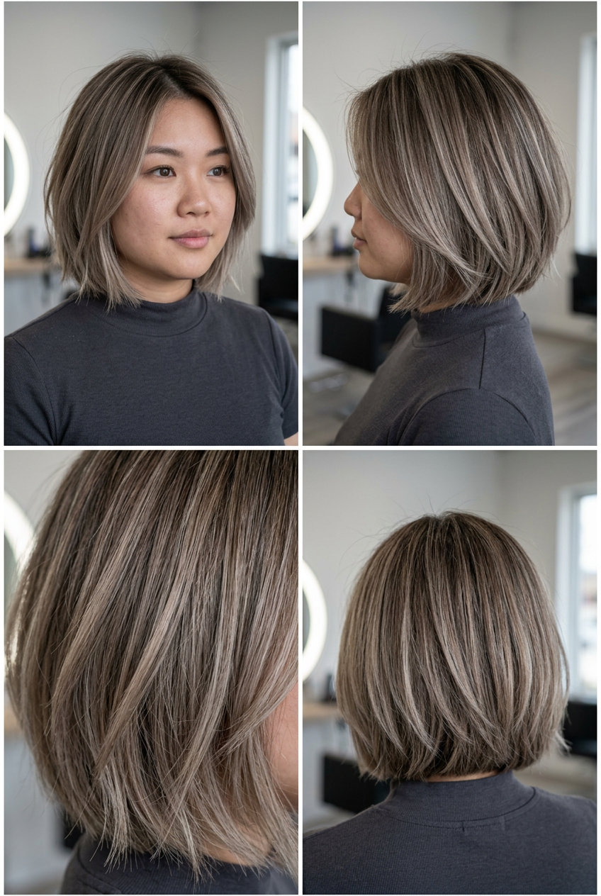 lip-to-chin textured bob haircut in ashy mushroom bronde with shattered ends for casual summer 2026