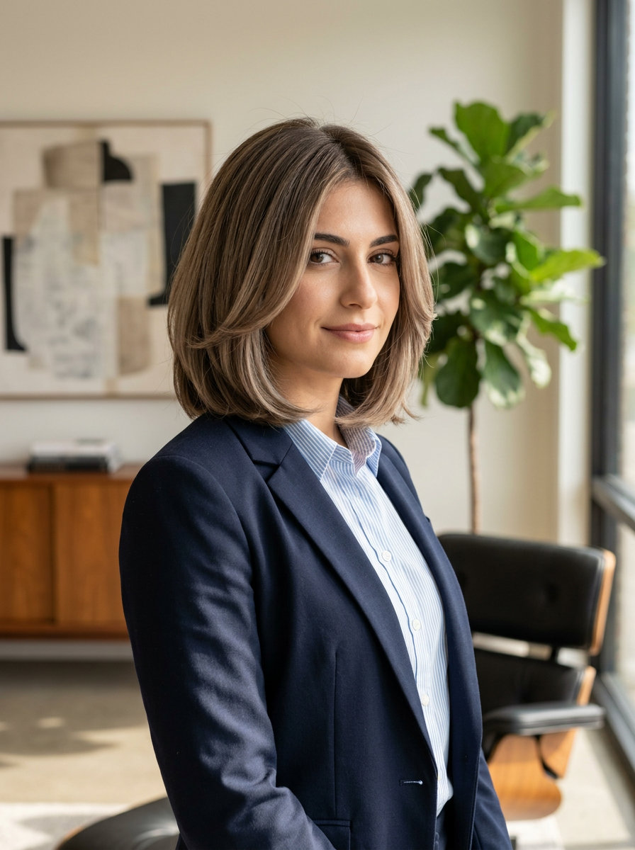 collarbone-length bob haircut with mushroom bronde, ash-beige babylights and 'c' curve layers for summer