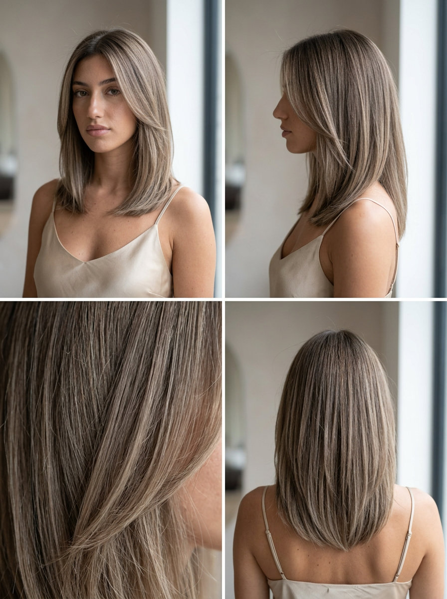 collarbone-length midi haircut in mushroom bronde, beige babylights and neutral root smudge, subtle face-framing — minimalist