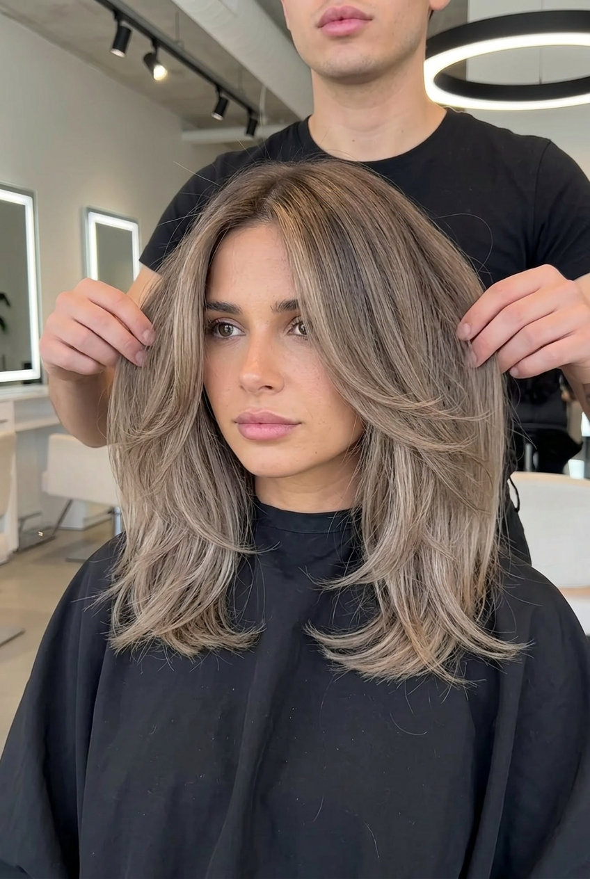 collarbone-length midi haircut in mushroom bronde with cool beige highlights, internal point-cut layers — effortless
