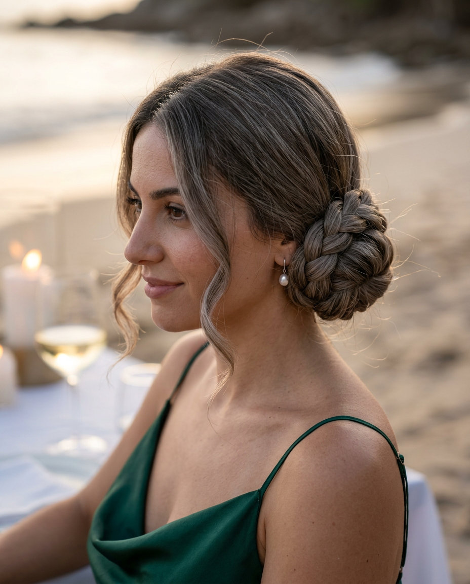 long mushroom bronde braided nape bun with face-framing tendrils, smooth — romantic elegant