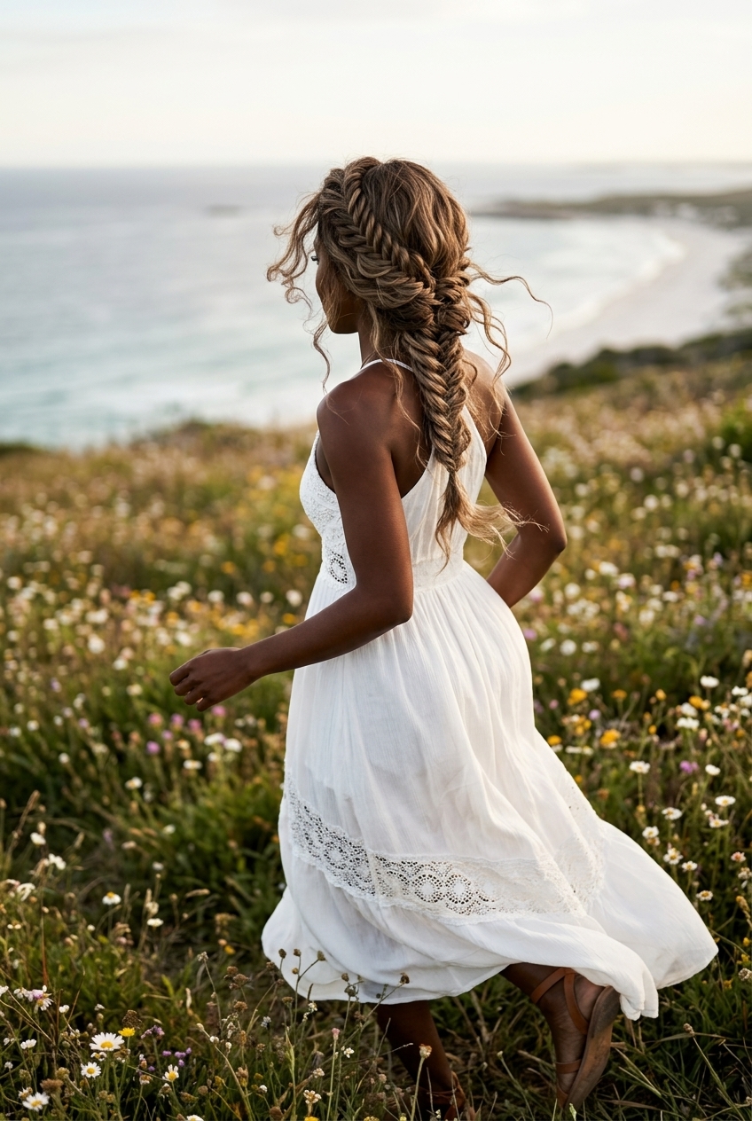 Boho Summer Fishtail Crown Hairstyle 2026 long wavy fishtail crown hairstyle with mushroom bronde, loose fishtail braid, and face-framing tendrils for events