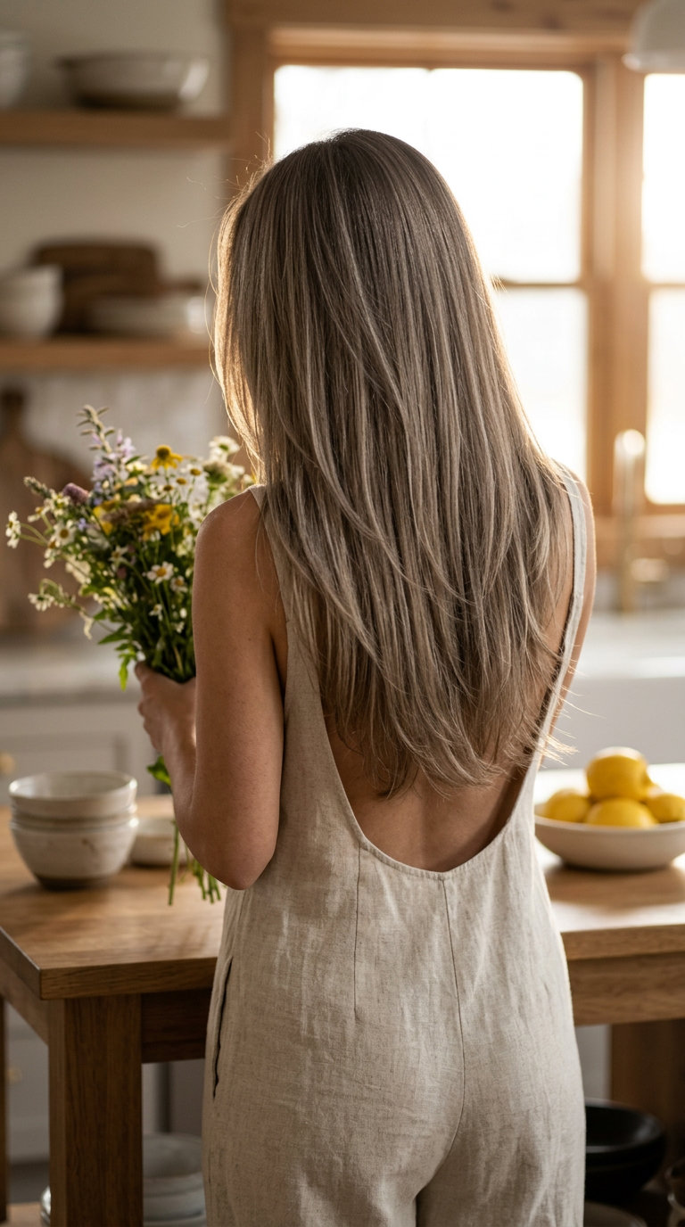 long hush cut haircut with cool mushroom bronde, ash babylights and invisible layers for summer