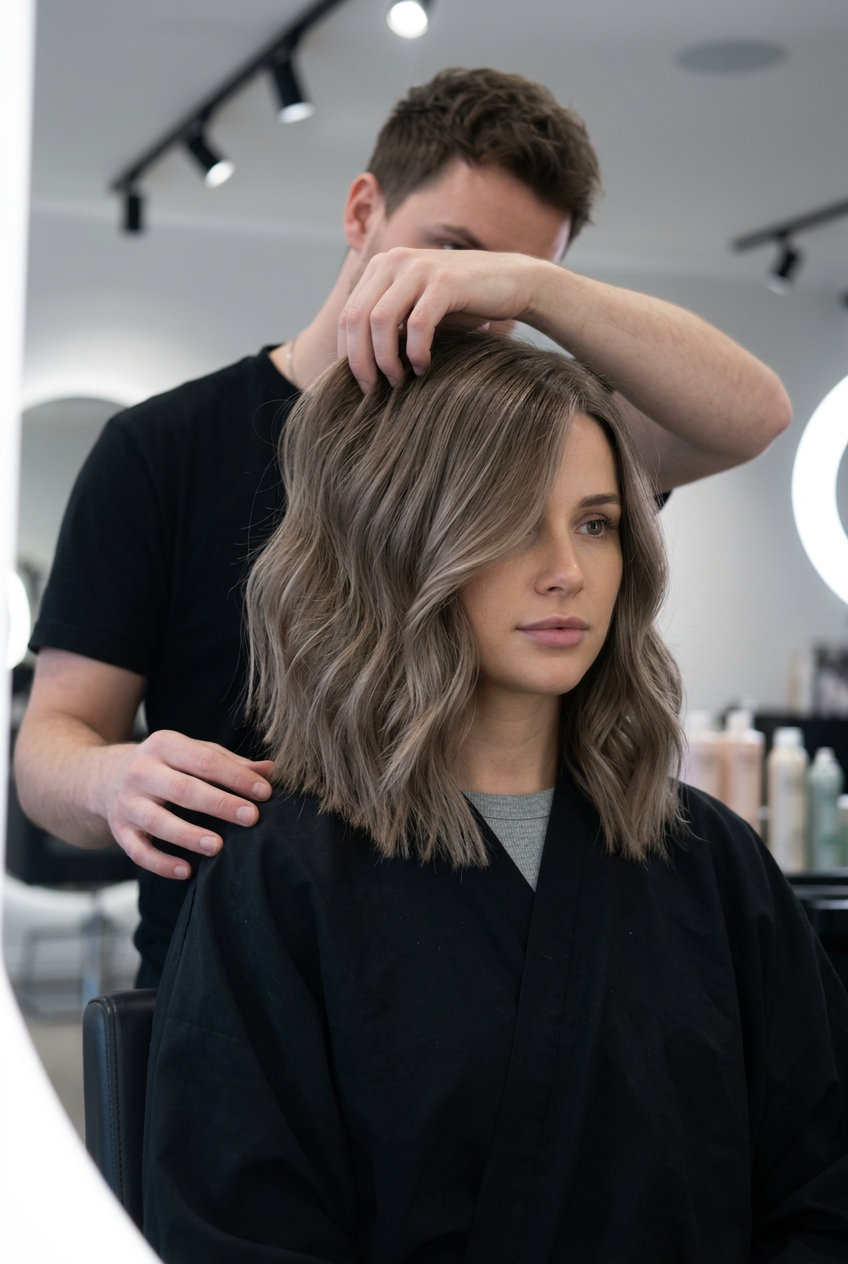 medium textured lob haircut in mushroom bronde with ash beige babylights and brown root smudge for summer