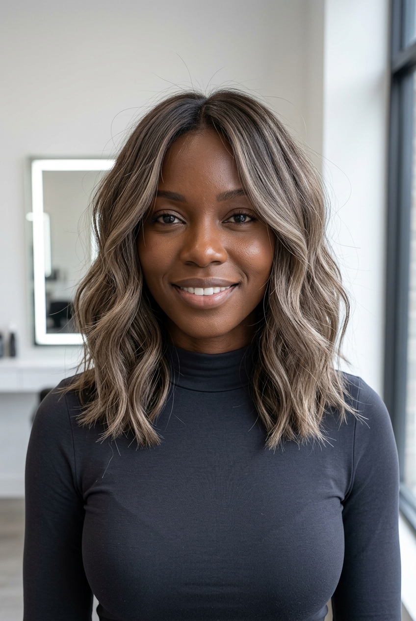 medium textured lob haircut with mushroom bronde color, textured layers, no bangs — natural look
