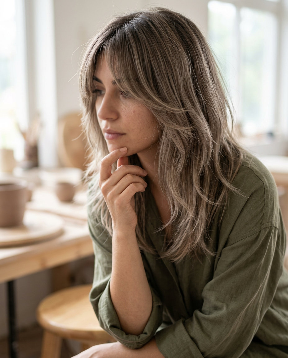 medium layered shag in cool mushroom bronde with ash beige highlights, wispy textured layers for boho vibe