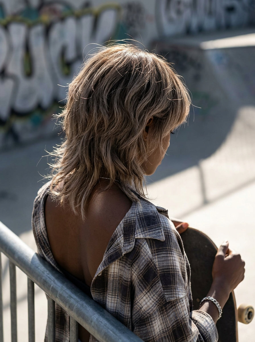 medium layered wolf cut with cool mushroom bronde, textured layers, wispy bangs for festival