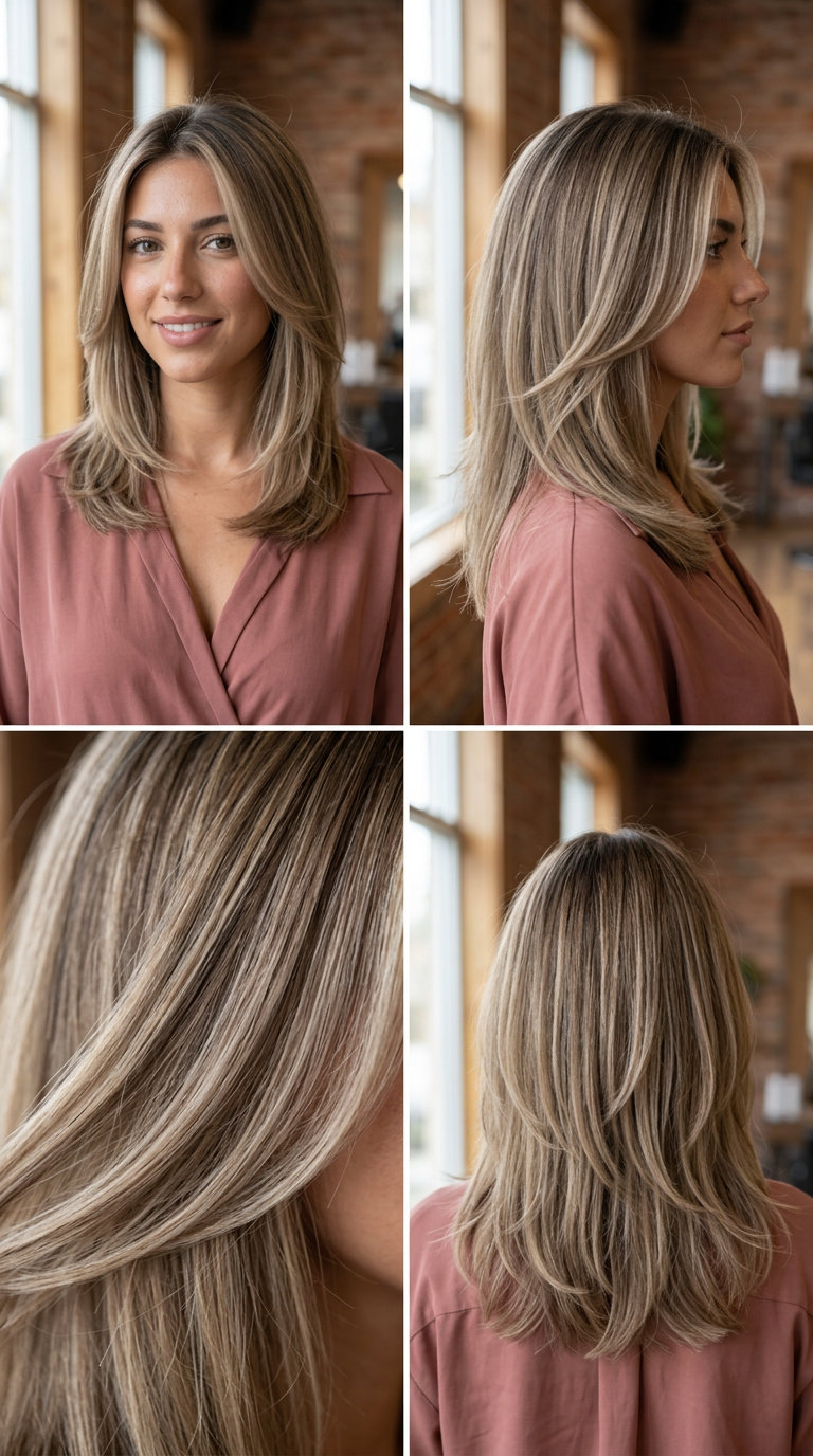 mid-length layered haircut in neutral mushroom bronde with ash lowlights and beige highlights, soft face-framing layers