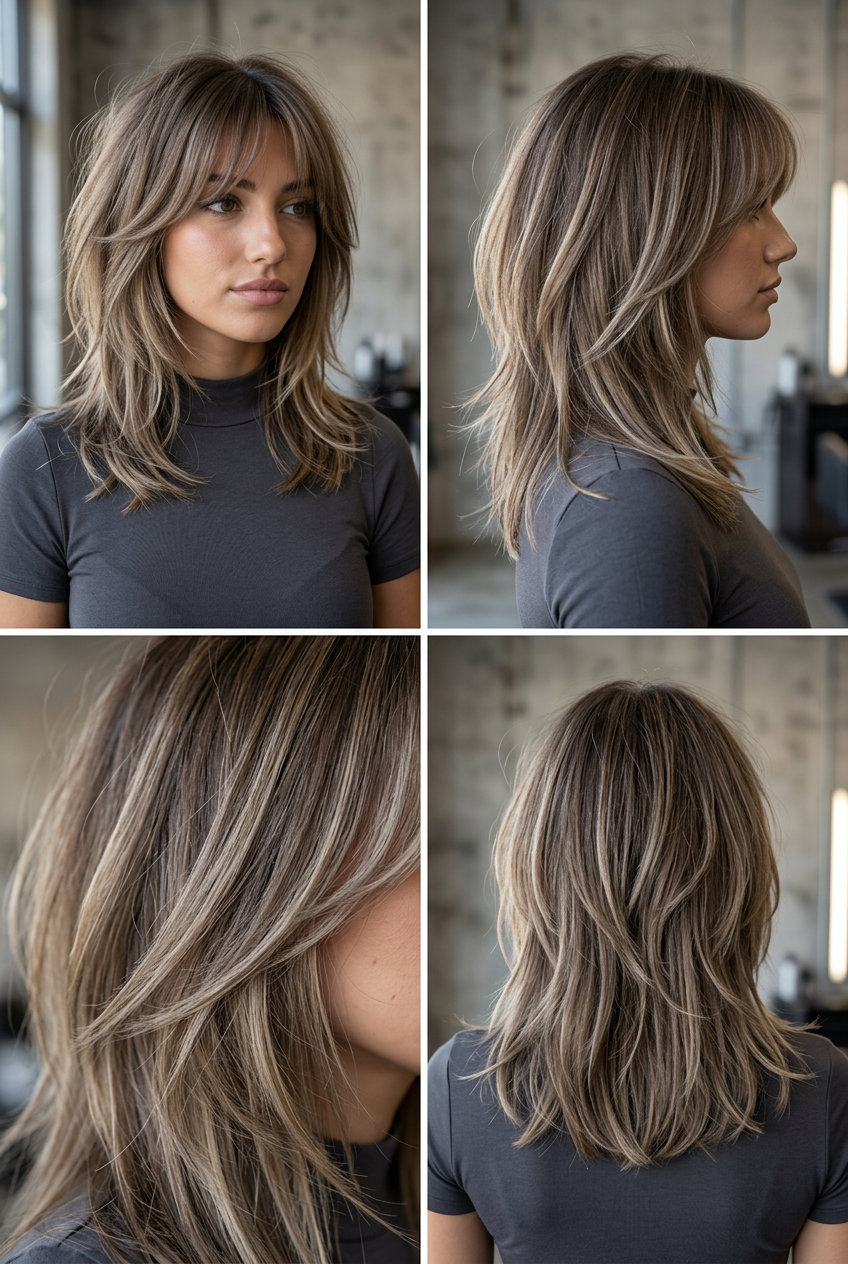 mid-length mushroom bronde shag with curtain bangs and razored layers for edgy texture
