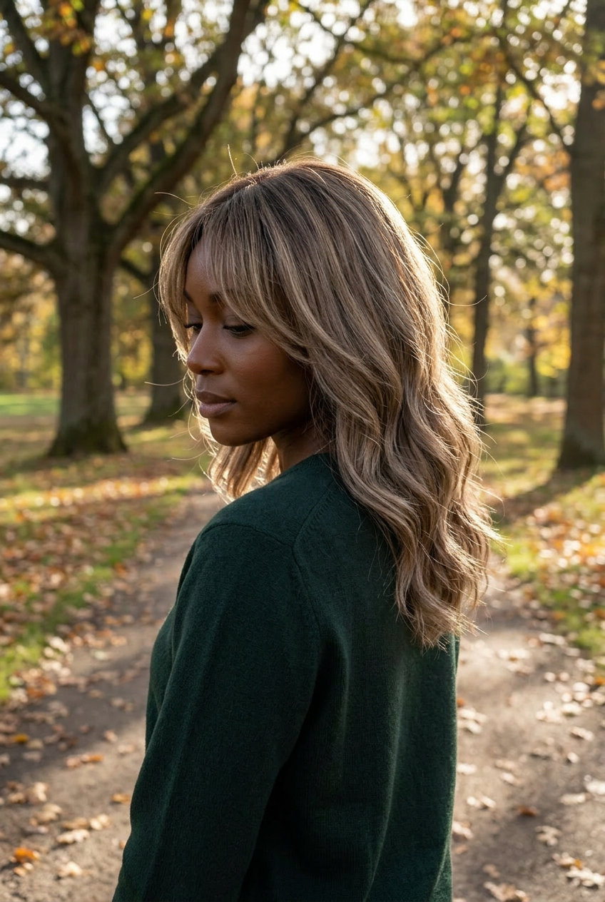 mid-length shag haircut with curtain bangs in cool bronde