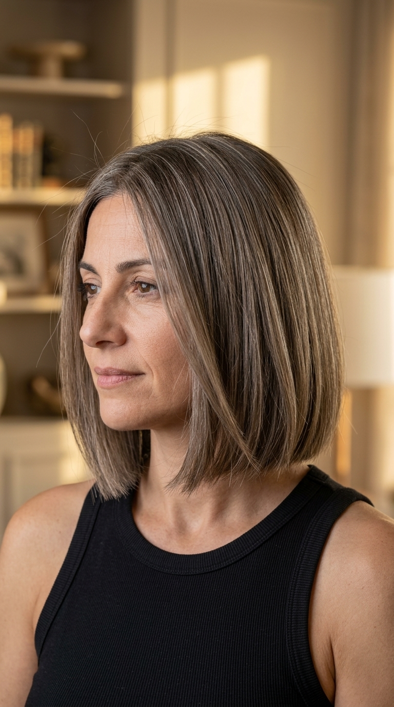 Cool Bronde Bob: Sleek Summer Haircut 2026 neck-length blunt bob haircut with mushroom bronde, cool beige highlights, and sharp perimeter for sophistication