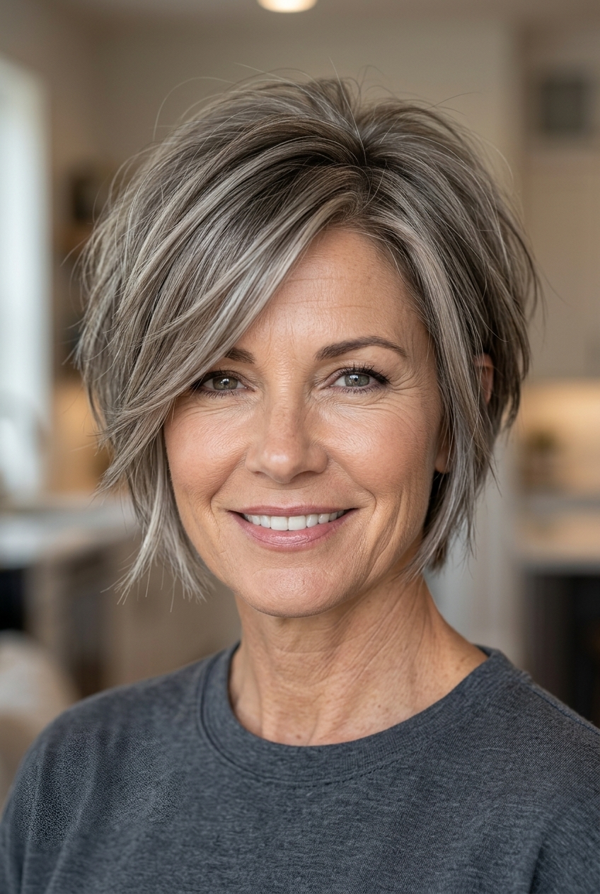short bixie haircut in mushroom bronde with textured layers and side-swept bangs for summer