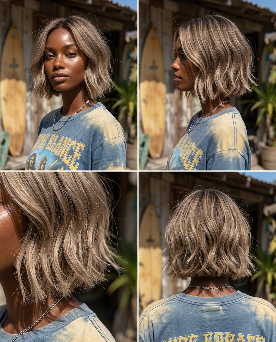 Piecey Boho Bob: Mushroom Bronde Waves 2026 short wavy bob with mushroom bronde color, piecey texture, no bangs — edgy weekend look