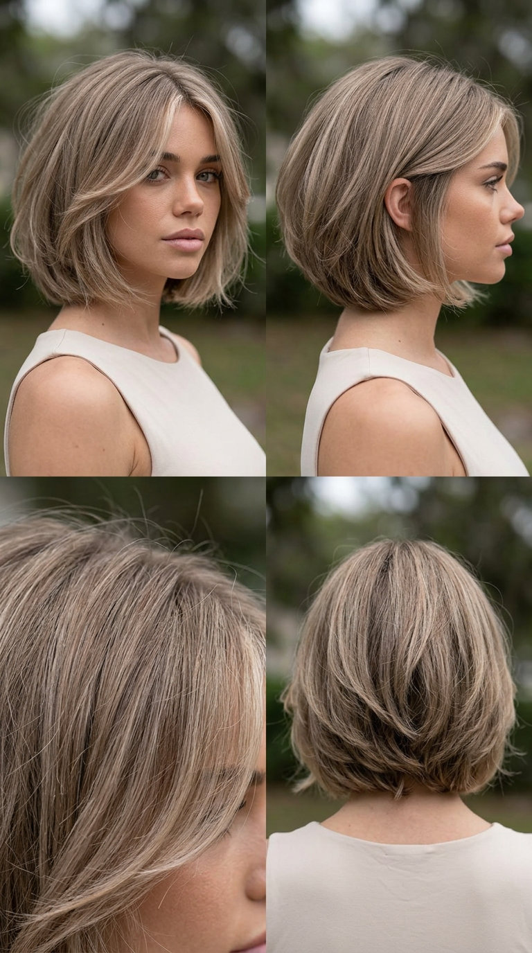 short textured crop haircut in mushroom bronde with cool ash beige tones, airy layers for summer
