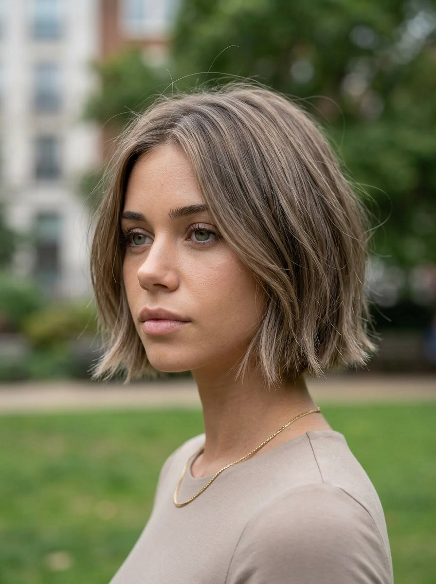 short french bob haircut in mushroom bronde with razored ends and face-framing layers for weekend brunch
