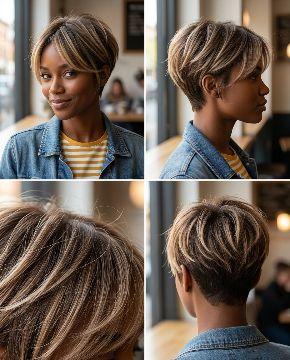 short razored pixie haircut in mushroom bronde with cool beige babylights and tapered sides for summer