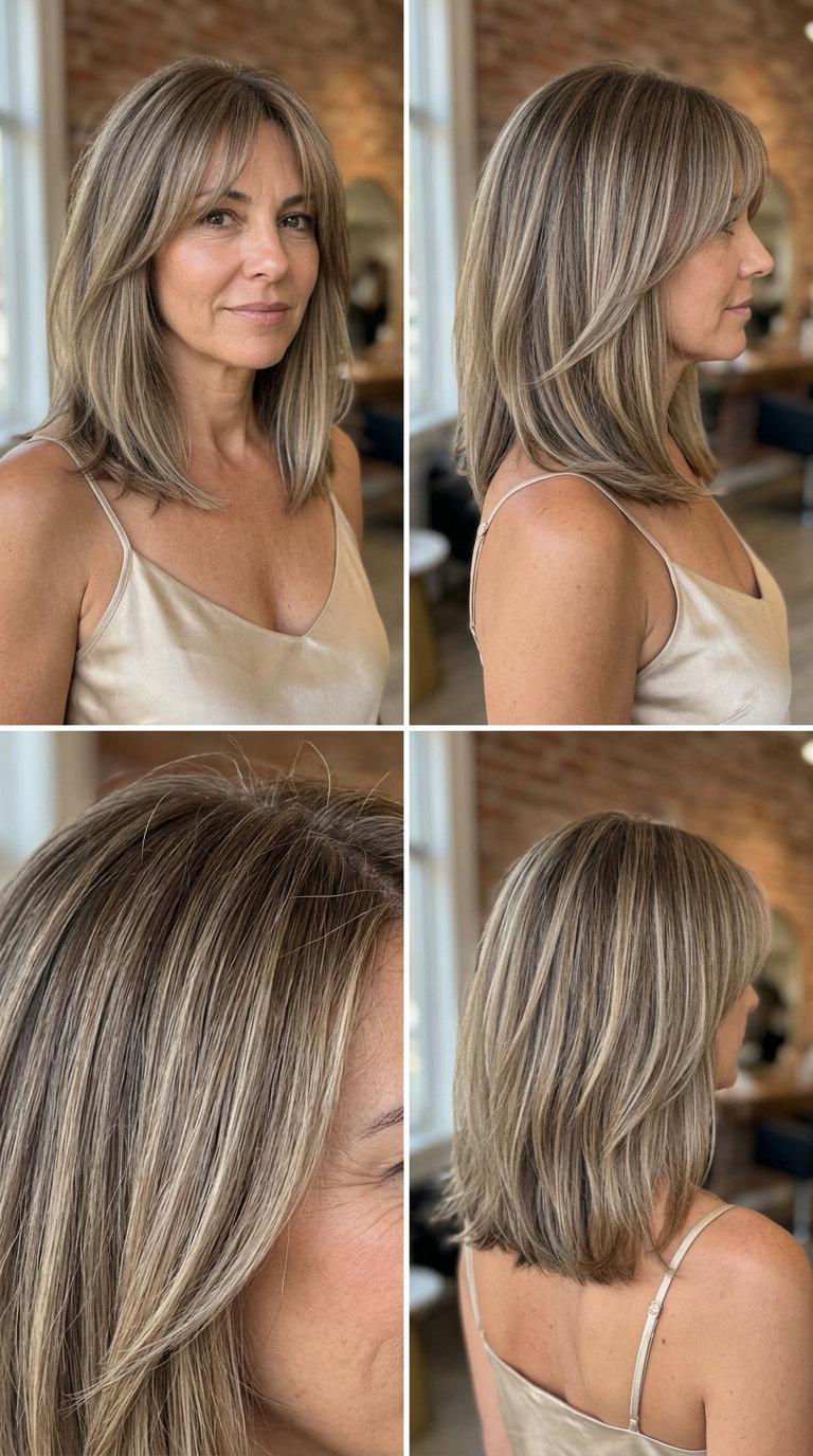 shoulder-length lob haircut in mushroom bronde with ash brown roots and beige blonde ends for summer