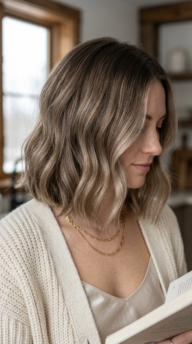 shoulder-length cool mushroom bronde lob with internal layers and face-framing pieces for summer