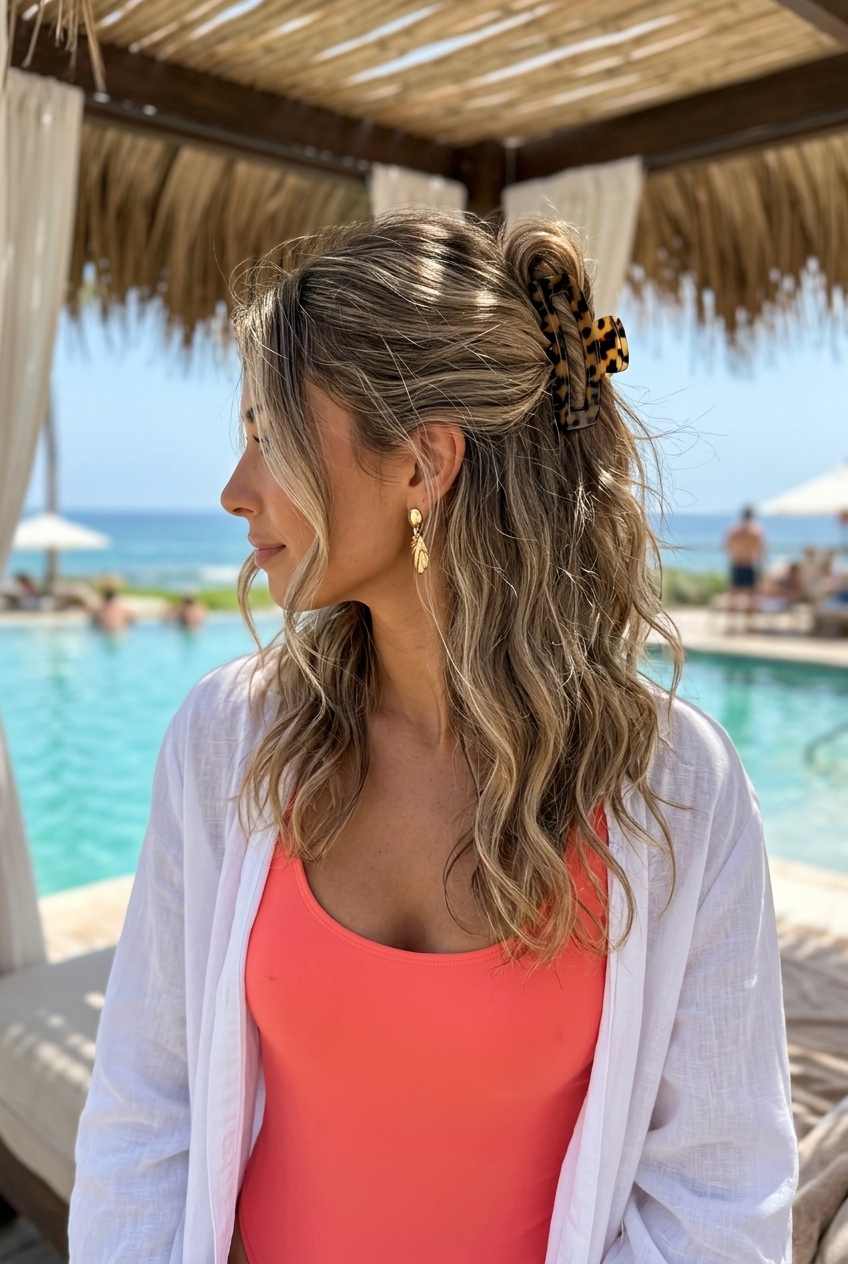 Beach Wave Half-Up: Mushroom Bronde 2026 shoulder-length wavy hair with mushroom bronde balayage, half-up claw clip — relaxed beach vacation look