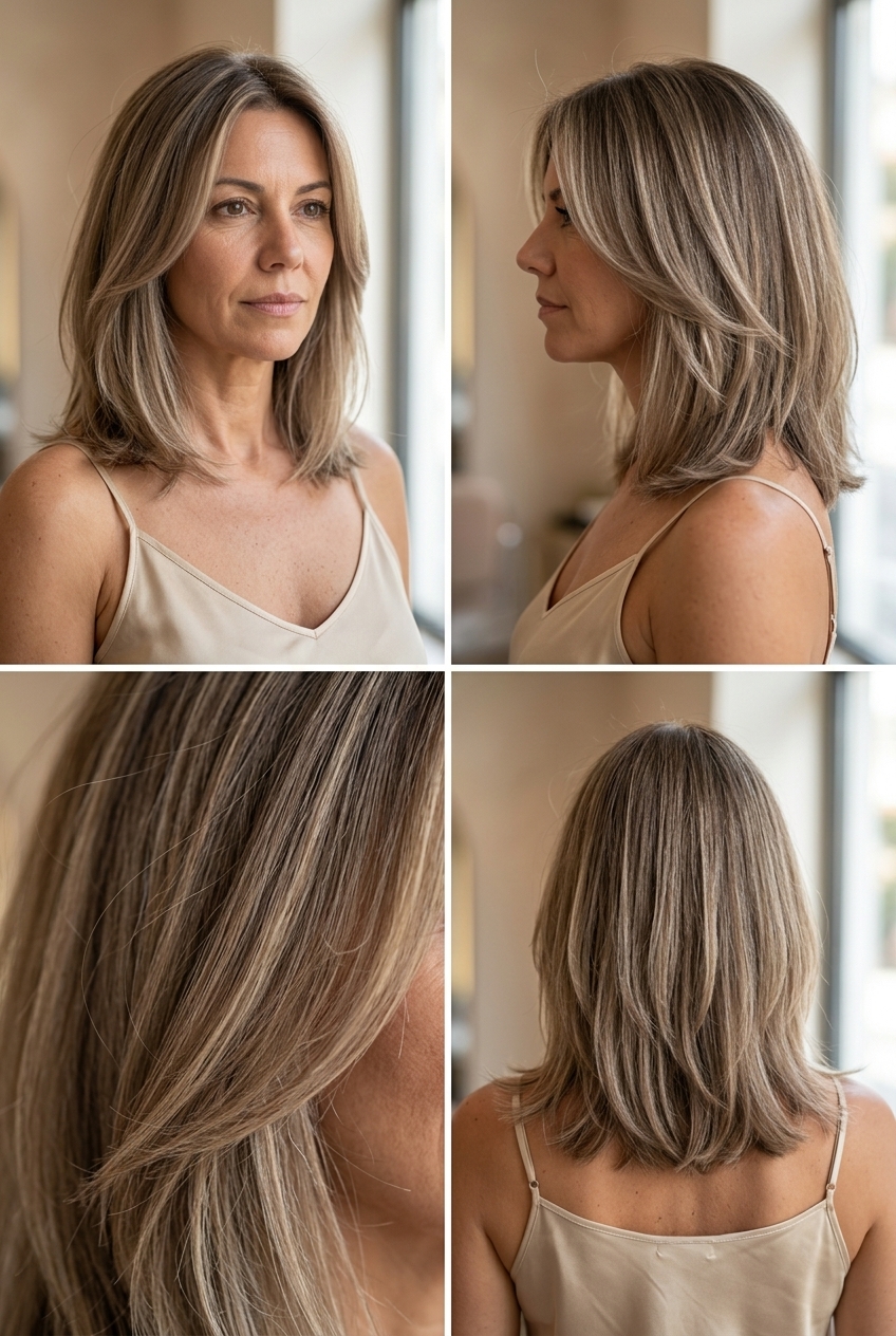 shoulder-length lob in mushroom bronde with ash highlights, textured perimeter — soft chic look