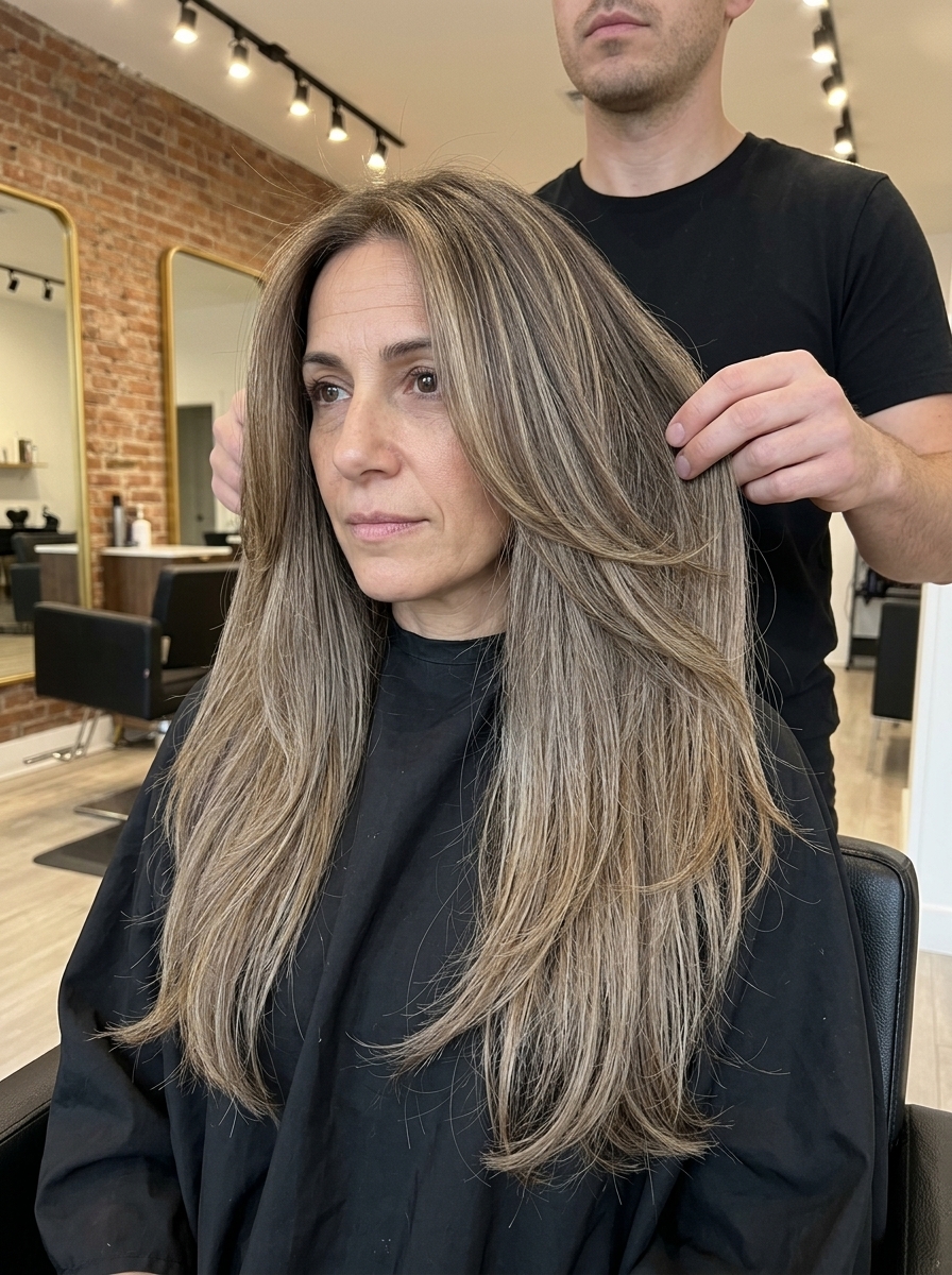 Lived-In Long Layers: Effortless Summer Hair 2026 ultra-long haircut with mushroom bronde, herringbone highlights, and subtle blended layers for effortless style