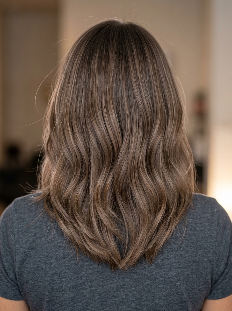 long mushroom bronze babylights with ash brown, subtle highlights, no fringe — professional