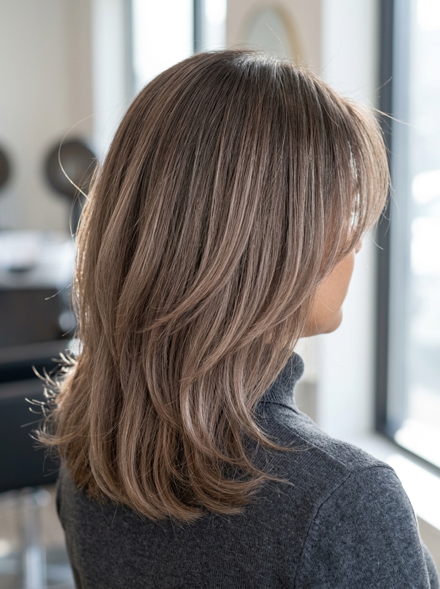 medium-length mushroom brown to bronde ombre shag with wispy curtain fringe