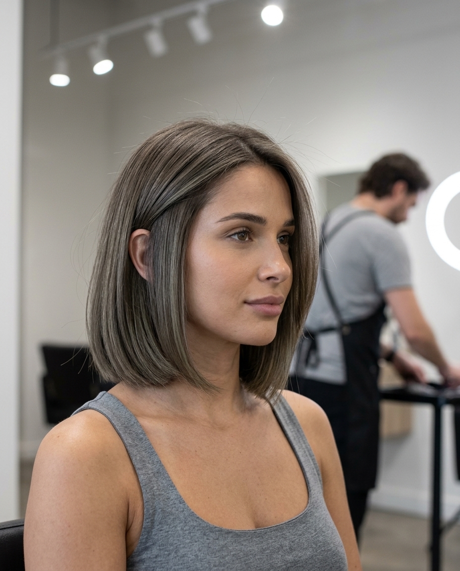 medium mushroom brown bob with ash-green lowlights, uniform tone — sophisticated minimalist chic