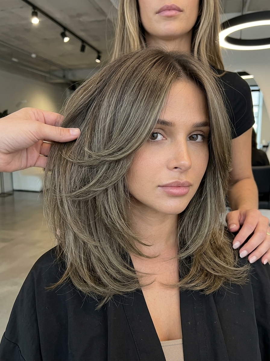 medium mushroom brown shag with ash-green highlights, face-framing layers, textured cut — playful effortless