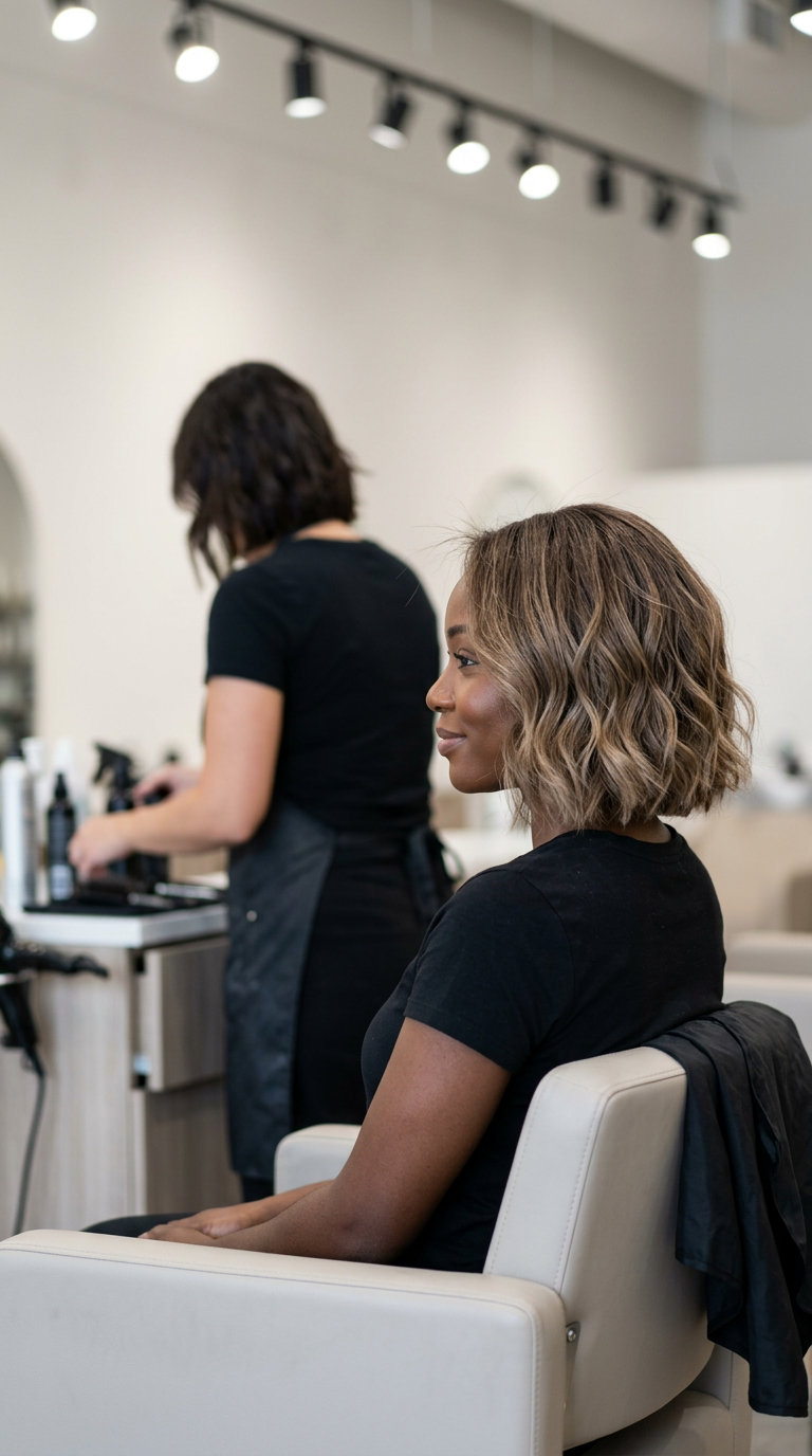 chin-length wavy dimensional summer ombre hair color 2026 with sandy bronde, micro-foils & balayage, deep side part — soft & effortless