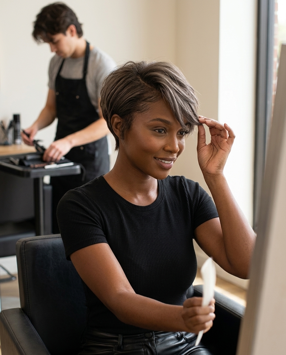 short mushroom brown pixie with cool ash undertones, textured layers and side-swept fringe — edgy chic