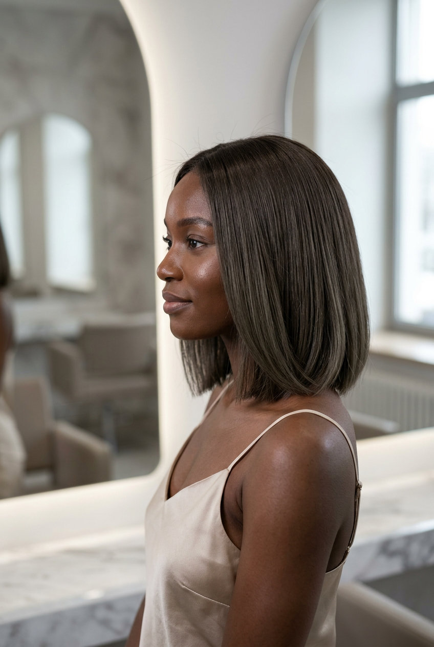 shoulder-length blunt lob with mushroom brown and ash-green babylights, foilayage technique — sophisticated natural style