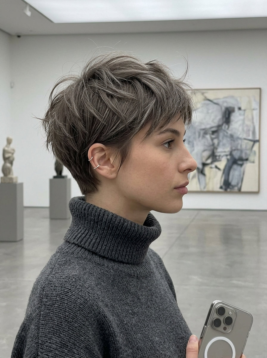 Mushroom Silver Crop 2026: Chic & Edgy short textured crop haircut in mushroom grey with silver babylights, varied lengths — edgy chic androgynous street style