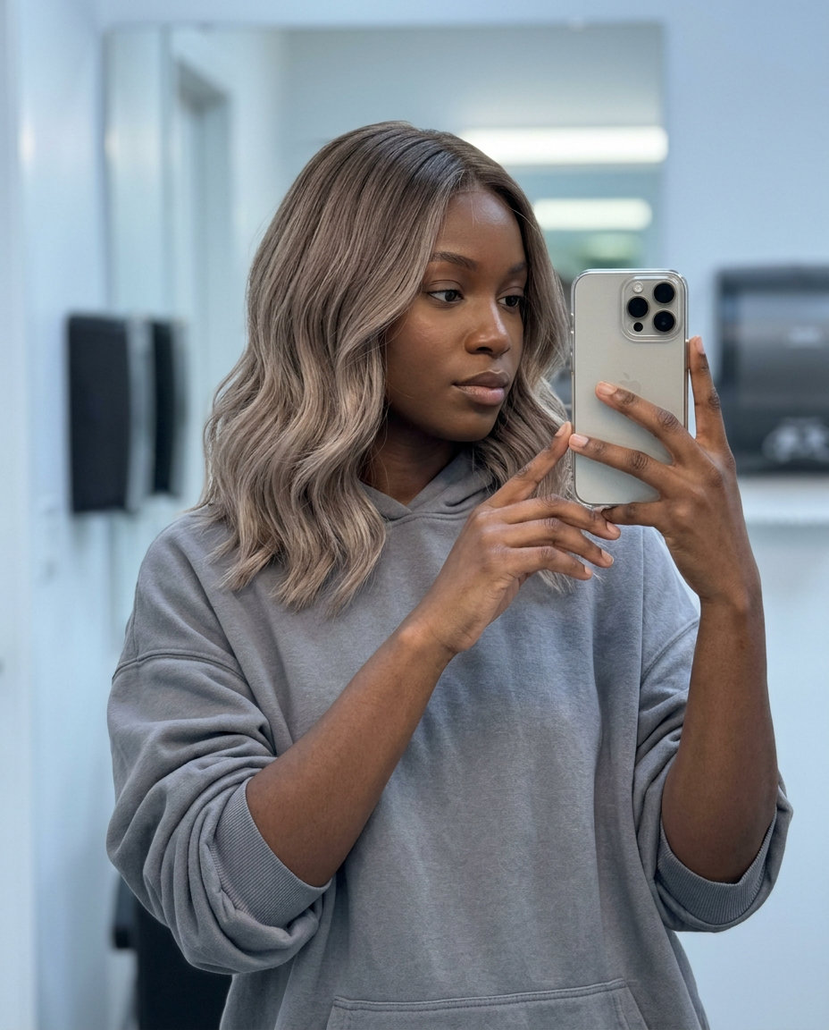 Mushroom Ash Ombré Hair 2026 long ash blonde ombré with mushroom brown roots, subtle gradient, no fringe — effortless