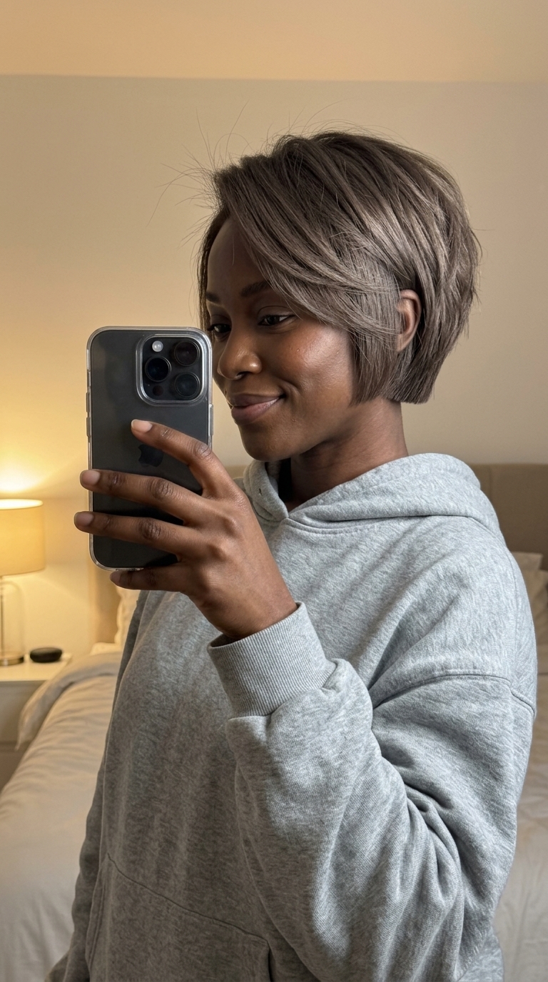 short bixie haircut with cool mushroom brown, blunt nape, textured layers, salon summer bixie haircut 2026