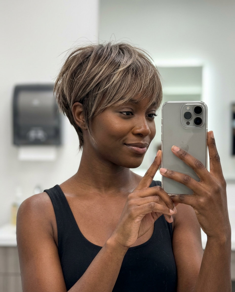short mushroom bronde pixie ombre with sandy blonde and taupe, razored layers, side-swept fringe — edgy weekend casual