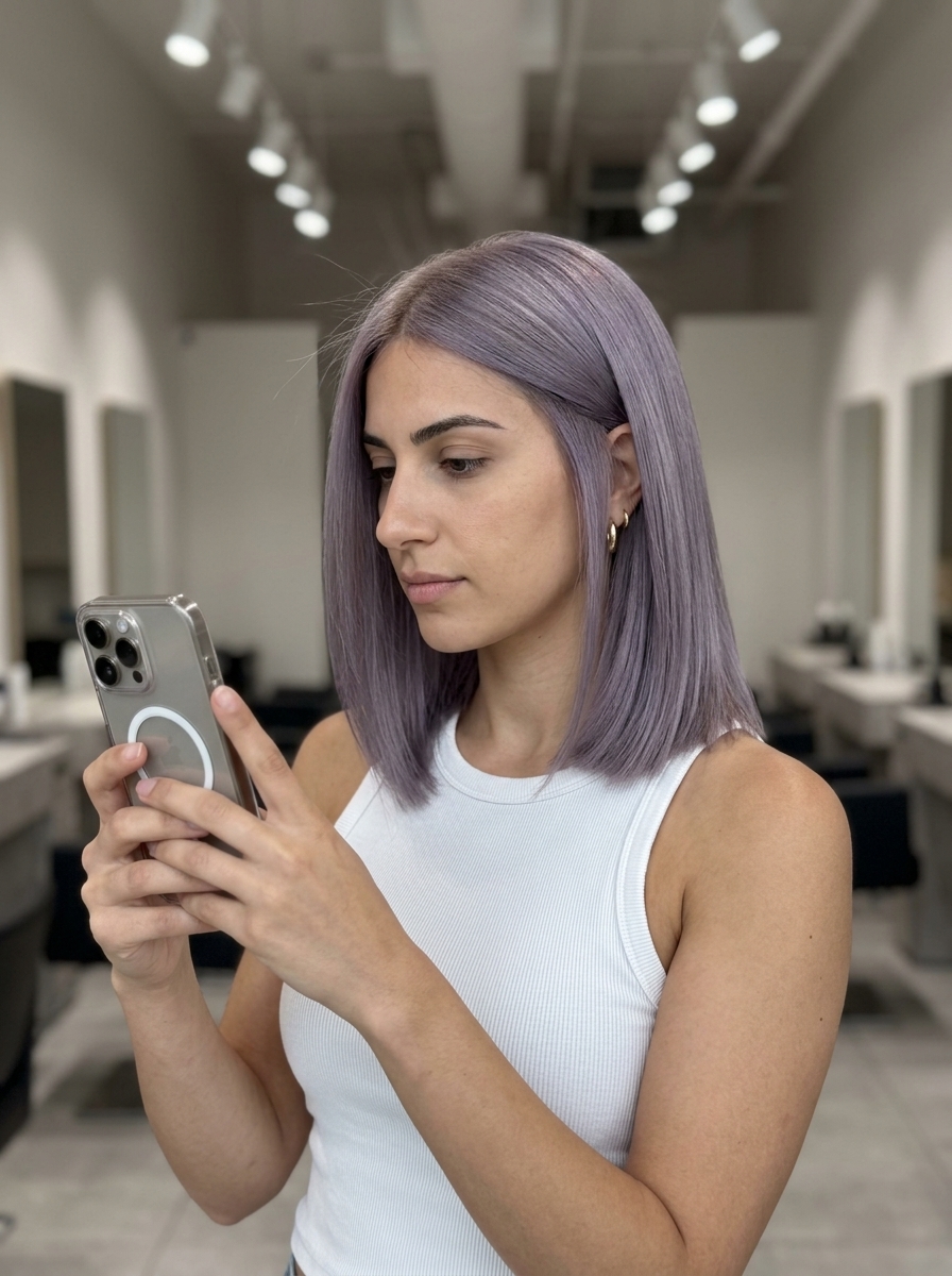 medium muted lavender bob with ash-violet undertones, root smudge, blunt cut — playful chic modern