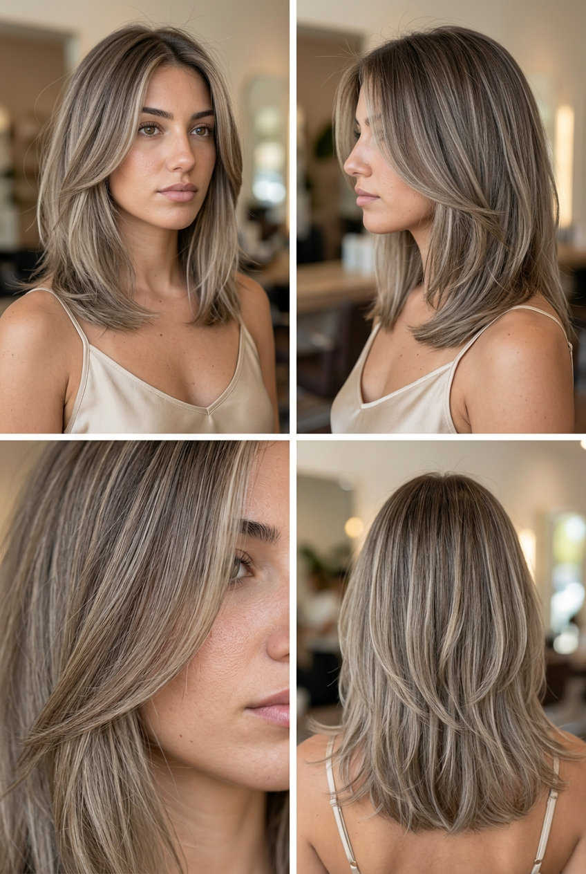 Muted Ash Balayage Hair 2026 long ash blonde balayage with mushroom-sandy highlights, diffused blend, no fringe — natural