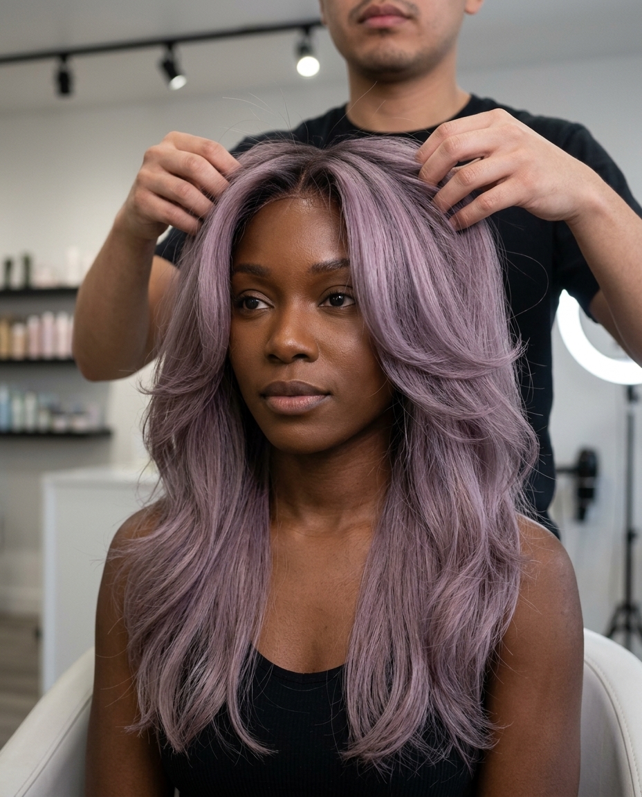 long muted mauve butterfly cut with lavender-grey tones and dark shadow root for summer