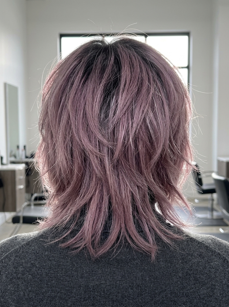 medium-length shag haircut with muted mauve color and charcoal root, choppy layers — edgy punk rock
