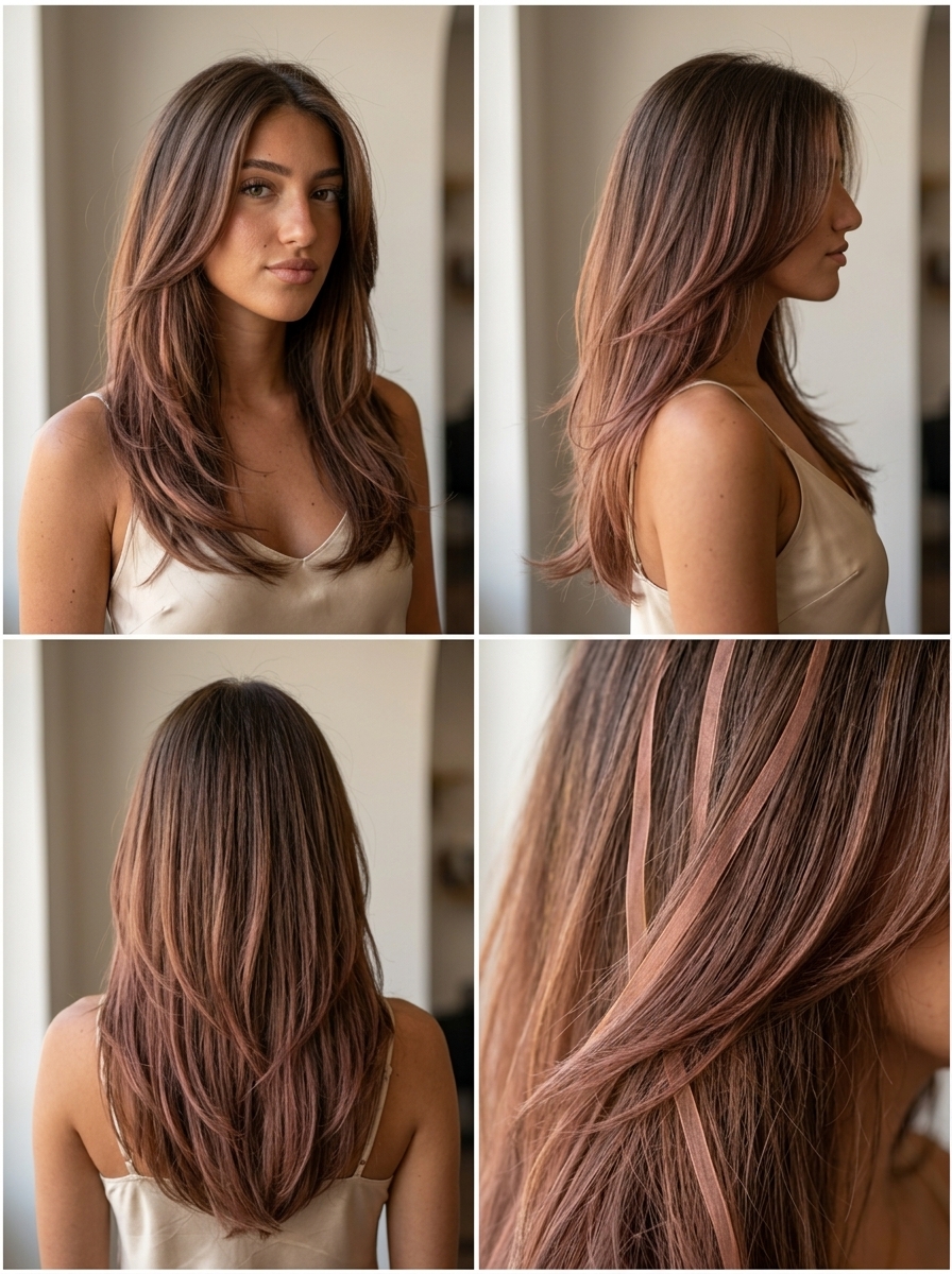 below-bust layered rose brunette with peach-rose ribbons, V-cut back — romantic, effortless