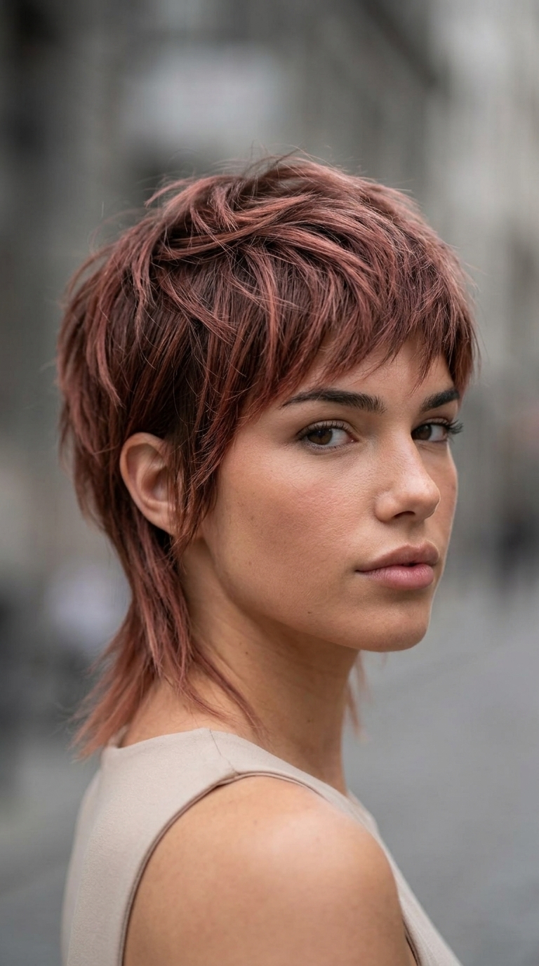 short pixie mullet with sun-kissed muted pink highlights, razored texture, and longer back for an edgy look