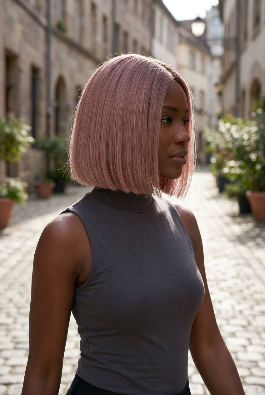 Chin-length blunt bob with muted pink sterling rose brunette, sharp perimeter, no bangs — sophisticated